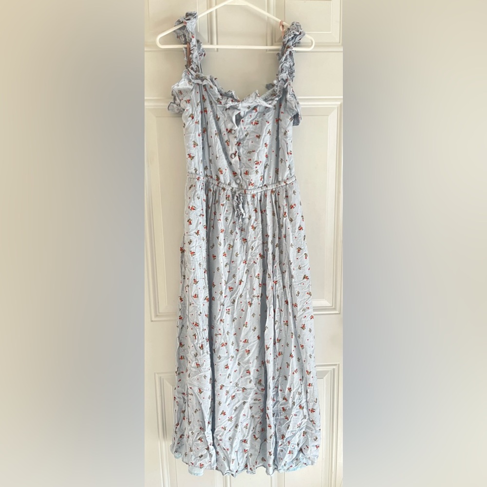 Gal Meets Glam Patricia Dress Women 8P Blue Floral Button Front Maxi Ruffle Neck - Picture 4 of 10